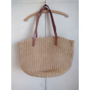 J Crew Straw Tote Bag Natural Woven Leather Trim Purse Beach Large Boho Garden
